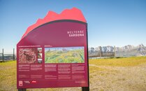Informationstafel zum UNESCO-Welterbe Sardona vor einer Bergkulisse | © Bergbahnen Flumserberg AG