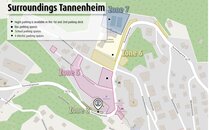Karte mit eingezeichneten Parkingzonen 5,6,7,8 in der Umgebung Tannenheim | © Bergbahnen Flumserberg AG