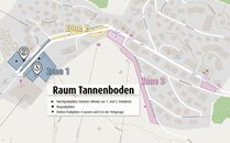Detailkarte des Raum Tannenboden, die Zonen 1, 2, 3 sowie umliegende Strassen sind markiert | © Bergbahnen Flumserberg AG